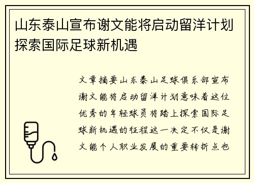 山东泰山宣布谢文能将启动留洋计划探索国际足球新机遇 山东泰山宣布谢文能将启动留洋计划探索国际足球新机遇