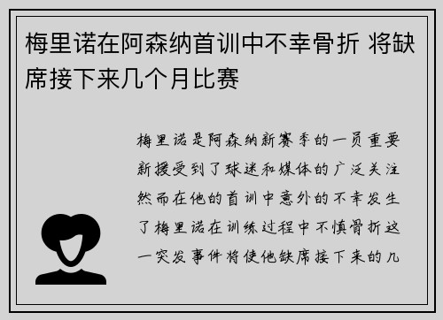 梅里诺在阿森纳首训中不幸骨折 将缺席接下来几个月比赛